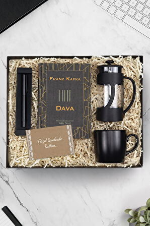 Mat Roller Kalem & Siyah Kupa & Siyah French Press & Dava Kitap Hediye Seti