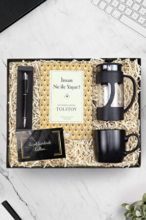 Siyah Roller Kalem & Siyah French Press & Siyah Kupa & İnsan Ne İle Yaşar Kitap Hediye Seti