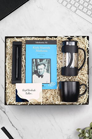 Siyah Mat Roller Kalem & Siyah Kupa & Siyah French Press & Kürk Mantolu Madonna Kitap Hediye Seti