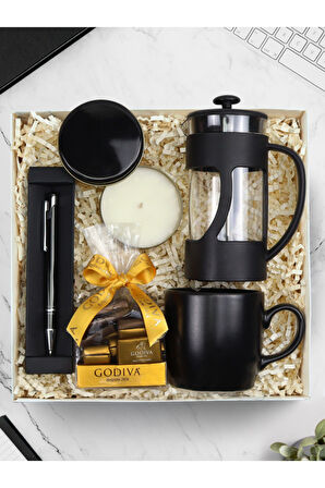 Siyah French Press & Metal Mum & Godiva Çikolata & Tükenmez Kalem & Siyah Mat Kupa Hediye Seti