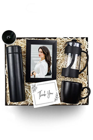 Dereceli Termos & Siyah Çerçeve & Siyah French Press & Siyah Mat Kupa Hediye Seti