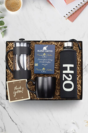Kılıflı 500 Ml Siyah Matara & Alerya Premium Filtre Kahve & French Press & Siyah Kupa Hediye Seti