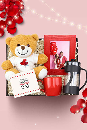 Sevgililer Günü Temalı Peluş Ayıcık & Kırmızı Kupa & Kırmızı Çerçeve & Siyah French Press Hediye Set
