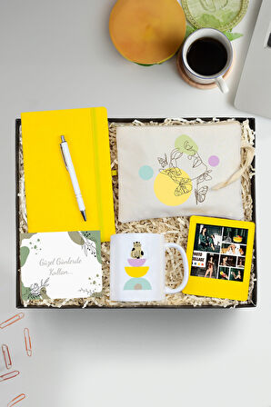 Baskılı Ham Bez Çanta & Sarı Defter & Beyaz Tükenmez Kalem & Kupa & Sarı Çerçeve Hediye Seti