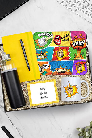 Mouse Pad & Siyah Tükenmez Kalem & Sarı Defter & Kupa & Su Matarası Hediye Seti