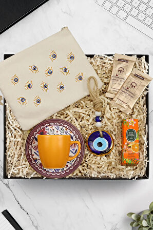El Çantası & Turuncu Türk Kahvesi Fincanı & Mini Kolonya & Türk Kahvesi & Duvar Süsü Hediye Seti