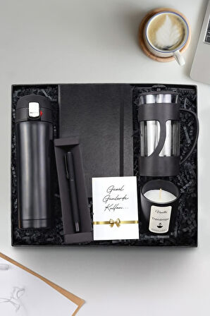 Kilitli Çelik Termos & French Press & Siyah Defter & Siyah Tükenmez Kalem & Bardak Mum Hediye Seti