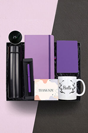 Siyah Dereceli Termos & Mor Defter & Mini Not Defteri & Roller Kalem & Kupa Welcome Kit Hediye Seti