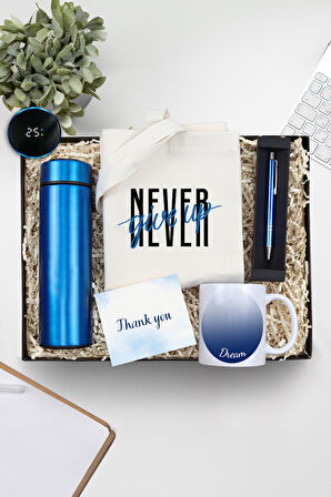 500 ML Dereceli Termos & Bez El Çantası & Gümüş Renk Detaylı Tükenmez Kalem & Kupa Hediye Seti