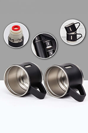 Termo Deri Gri Defter & Siyah Mat Roller Kalem & 3 Bardaklı 500 ML Çelik Termos Hediye Seti