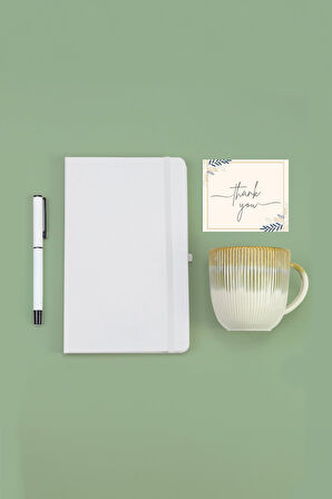 Beyaz Defter & Beyaz Roller Kalem & Beyaz Çizgili Porselen Kupa Hediye Seti