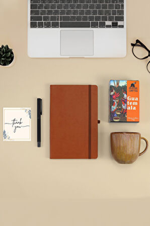 Kahverengi Defter & Roller Kalem & Turuncu Porselen Kupa & Guatemala Filtre Kahve Hediye Seti
