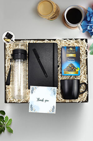 Siyah Defter & Siyah Roller Kalem & Kupa & Bitki Çayı & Borosilikat Cam Demlik Matara Hediye Seti