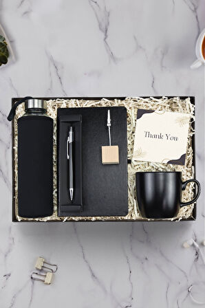 Siyah Defter & Kılıflı Cam Matara & Tükenmez Kalem & Mat Kupa & Ahşap Not Tutucu Hediye Seti