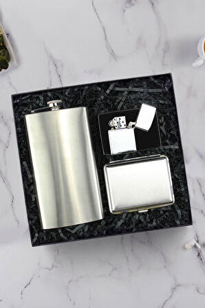 Çelik Cep Matarası & Metal Gümüş Renk Tabaka & Zippo Tarzı Çakmak Hediye Seti