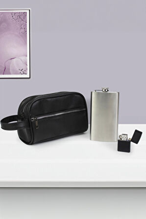 Çelik Cep Matarası & Zippo Tarzı Çakmak & Siyah Suni Deri Erkek El Çantası Hediye seti