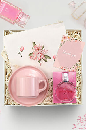 Bez Çanta & Pembe Fincan & Wish of Love Parfüm Hediye Seti