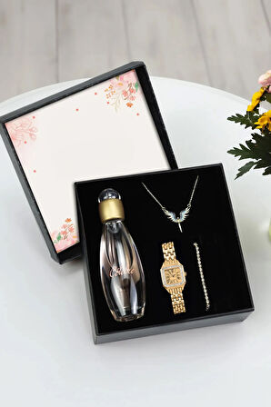 Kutulu Kadın Kol Saati & Mikail Melek Kolye & Su Yolu Bileklik & Celebre Kadın Parfüm