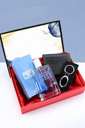Gümüş Renk Anahtarlık & Siyah Kartlık & Individual Blue Erkek Parfüm Hediye Seti