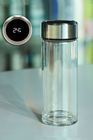 Pembe Tasarım Defter & Derece Göstergeli Çift Cidarlı 300ml Cam Matara & Elmas Kalem Hediye Seti