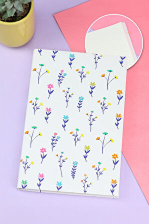 Beyaz Çiçekli Defter & Mor Tükenmez Kalem & Godiva & Kurutulmuş Çiçek Buketi Çikolata Hediye Seti