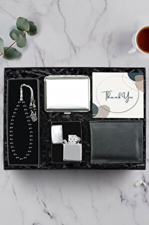 Metal Gümüş Renk Tabaka & Gümüş Renk Zippo Tarzı Çakmak & Siyah Tesbih & Siyah Cüzdan Hediye Seti