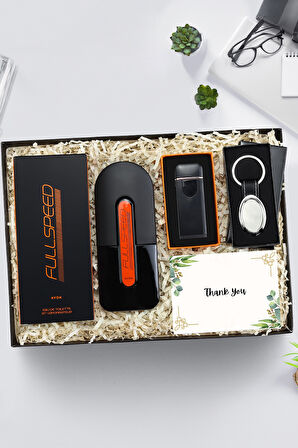 USB Şarjlı Dokunmatik Alevsiz Elektronik Çakmak & Full Speed Erkek Parfüm & Anahtarlık Hediye Seti