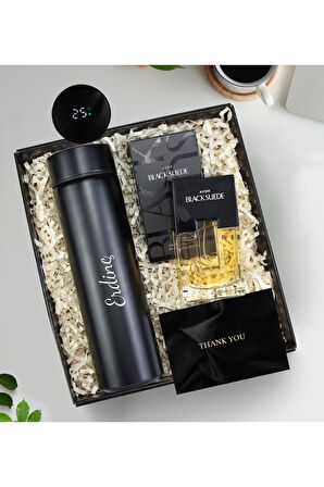 Kişiye Özel 500 ML Dereceli Termos & Black Suede Erkek Parfüm Hediye Seti