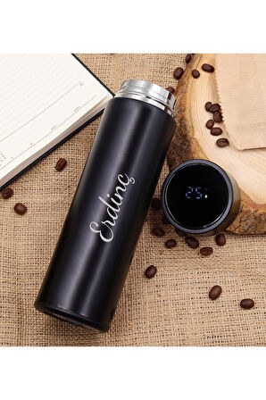 Kişiye Özel 500 ML Dereceli Termos & Black Suede Erkek Parfüm Hediye Seti