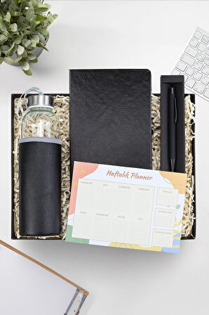 Siyah Defter & Siyah 500 Ml Matara & Siyah Mat Tükenmez Kalem & Haftalık Planner Hediye Seti