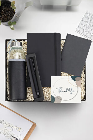 Defter & Deri Kılıflı 500 Ml Su Matarası & Mat Roller Kalem & Dikişli Mini Not Defteri Hediye Seti
