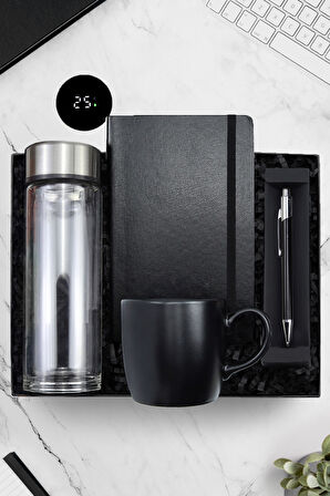 Siyah Tükenmez Kalem & Dereceli Cam Matara & Mini Not Defteri & Seramik Kupa Hediye Seti