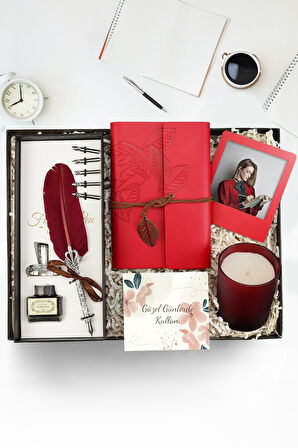 Tüylü Kalem & Deri Kapaklı Anı Defteri & Instagram Çerçeve & Bardak Mum Hediye Seti
