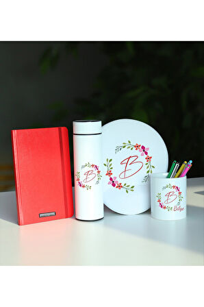Kişiye Özel 500 ML Beyaz Termos & Mousepad & Kırmızı Defter & Kalemlik