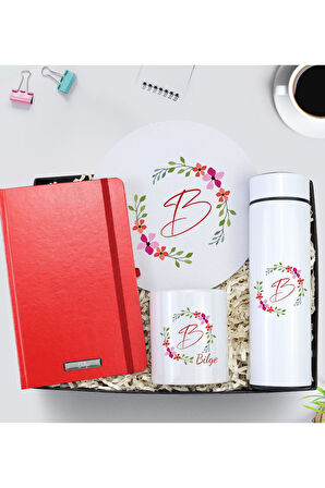 Kişiye Özel 500 ML Beyaz Termos & Mousepad & Kırmızı Defter & Kalemlik