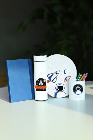 500 ML Tasarım Beyaz Termos & Mousepad & Defter & Kalemlik Hediye Seti
