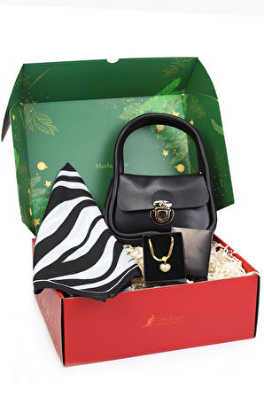 Yılbaşına Özel Kutusunda Fular & Kadın Çanta & Çelik Inci Kalp Kolye Hediye Seti