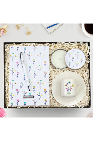 Kişiye Özel Tasarım Defter & Beyaz Metal Kutulu Mum & Fincan Hediye Seti