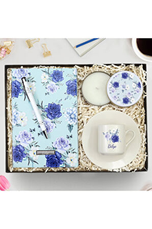 Kişiye Özel Tasarım Defter & Beyaz Metal Kutulu Mum & Fincan Hediye Seti