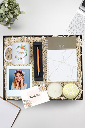 Mermer Desen Defter & Kupa & Turuncu Tükenmez Kalem & Metal Kutulu Mum & Beyaz İnstagram Çerçeve