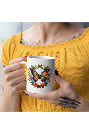 Kelebekli Romantik Çiçekli Kupa