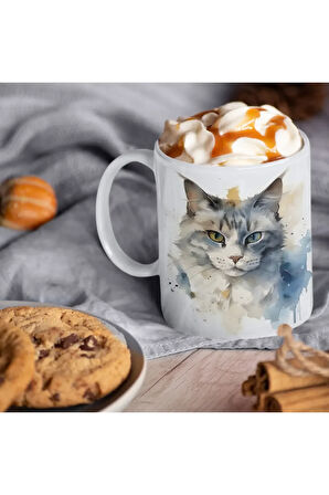 Suluboya Kedi Desenli Kahve Kupası