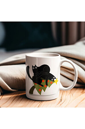 Yılbaşı Ağacı Ve Siyah Kedi Desenli, Eğlenceli Kahve Kupası