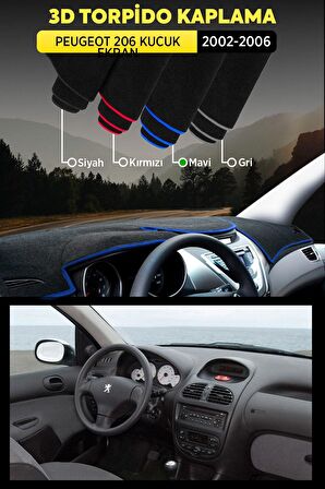 Peugeot 206 Kucuk Ekran (2002-2006) 3d Torpido Koruma Kılıfı - Ön Göğüs Kaplama - Mavi Şerit