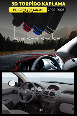 Peugeot 206 Kucuk Ekran (2002-2006) 3d Torpido Koruma Kılıfı - Ön Göğüs Kaplama - Kırmızı Şerit