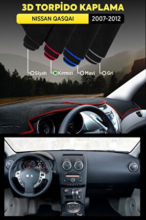 Nıssan Qasqaı (2007-2012) 3d Torpido Koruma Kılıfı - Ön Göğüs Kaplama - Kırmızı Şerit