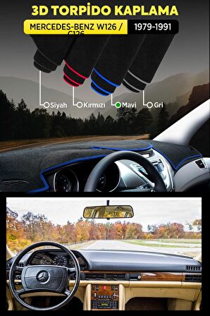 Mercedes - Benz W126 / C126 (1979-1991) 3d Torpido Koruma Kılıfı - Ön Göğüs Kaplama - Mavi Şerit