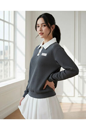 Polo Yaka Düğmeli Waffle Kumaştan Uzun Kol Tişört