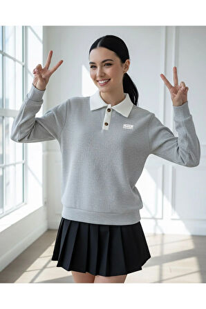 Polo Yaka Düğmeli Waffle Kumaştan Uzun Kol Tişört