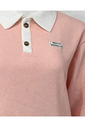 Polo Yaka Düğmeli Waffle Kumaştan Uzun Kol Tişört